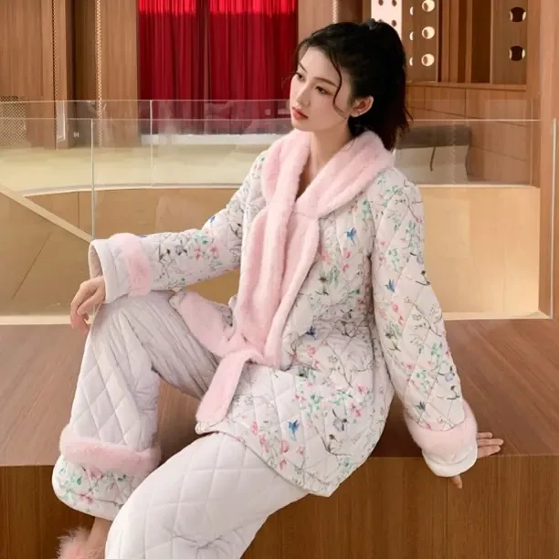 原艾慕优花知梦加厚夹棉女士睡衣高贵优雅保暖冬季家居服