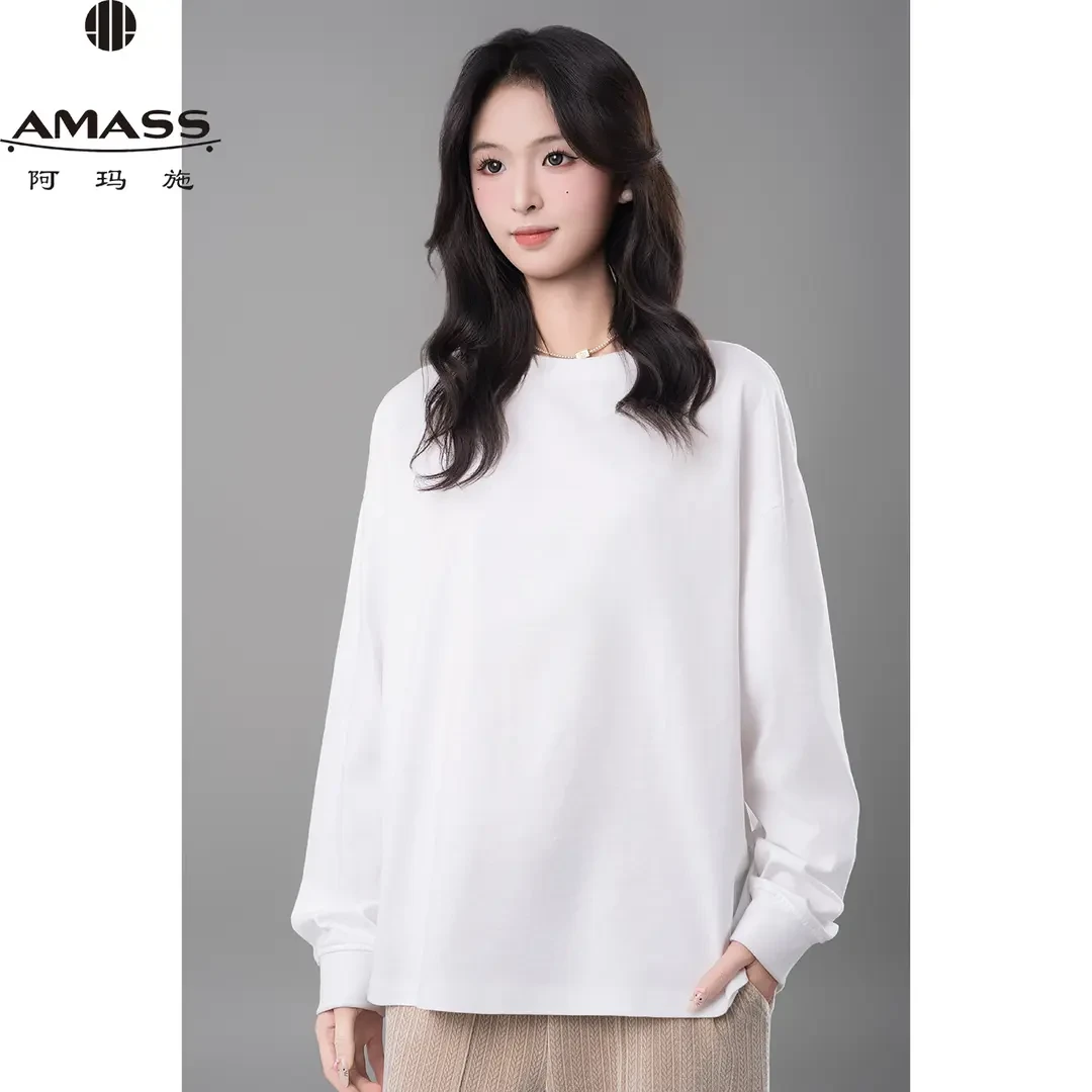 AMASS/阿玛施早春新款百搭时尚纯色长袖白T恤圆领简约舒适530089