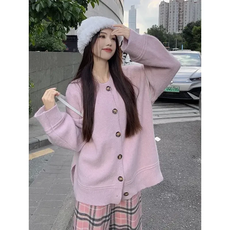 3534宽松开衫长袖毛衣外套粉色格纹毛呢阔腿长裤秋冬两件套女