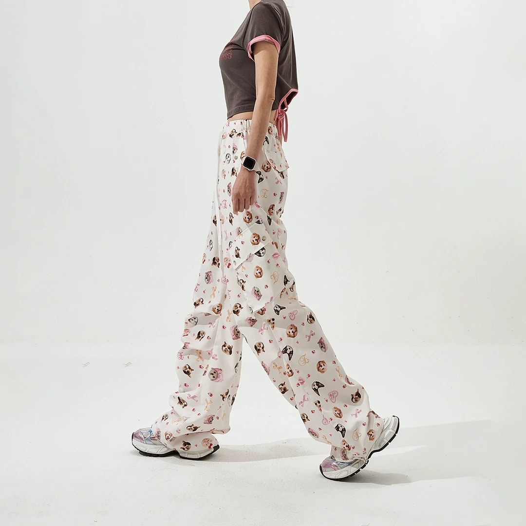 清仓-YEP设计感满印阔腿裤女春季新款潮牌复古直筒休闲裤宽松长裤