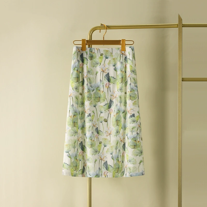 绿色碎花半身裙女夏季2025新款高腰显瘦a字裙中长款国风裙子纯棉