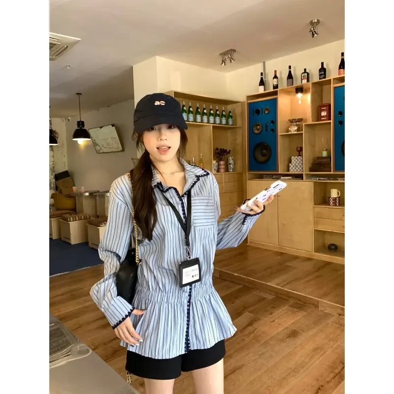 美式复古蓝色撞色条纹衬衫女早秋新款设计感独特翻领百搭长袖上衣