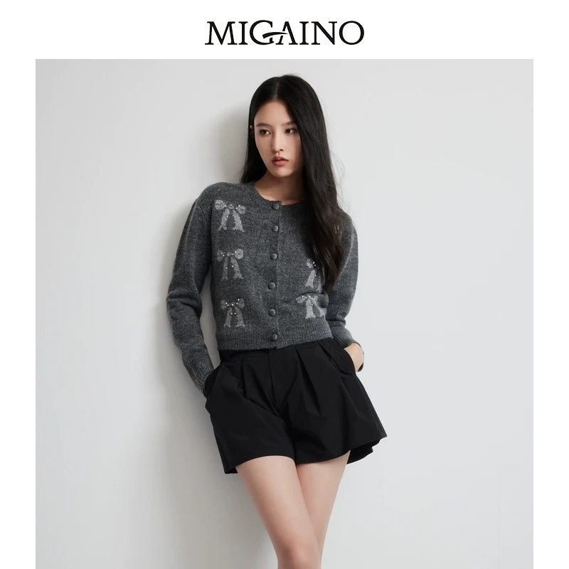 Migaino曼娅奴女装2025早春灰色学院风蝴蝶结提花软糯针织上衣