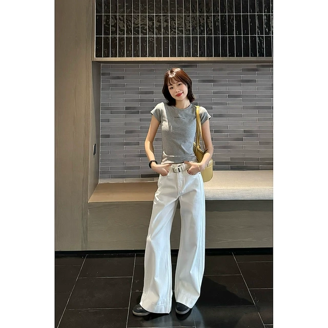 王家有鱼2025春季新款白色小个子长裤阔腿裤时尚百搭显瘦牛仔裤女