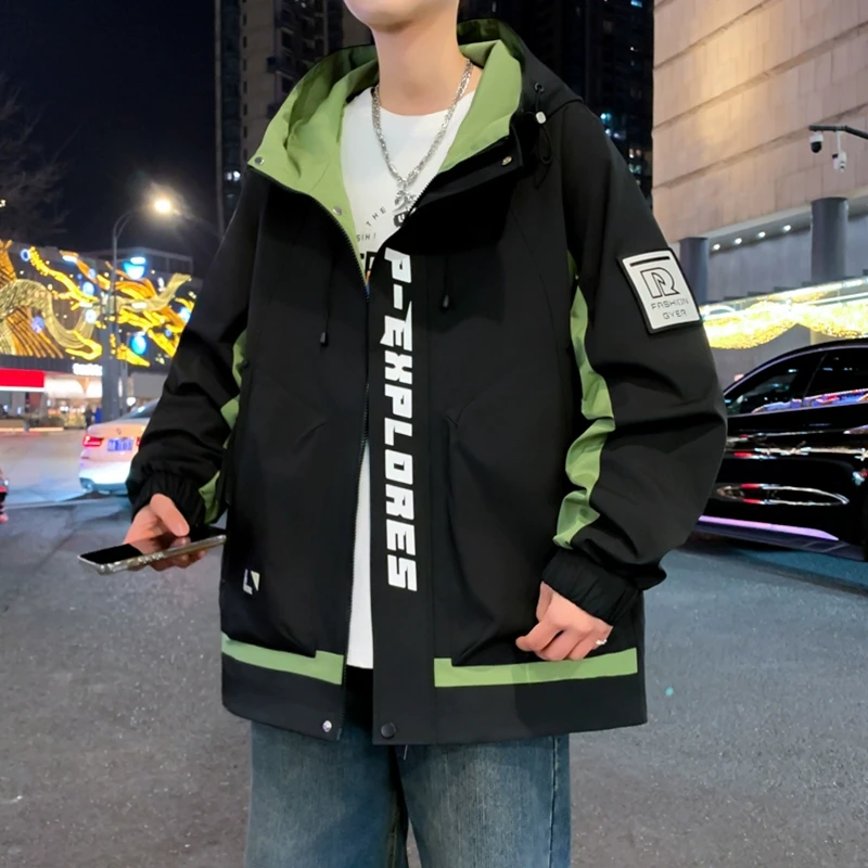 2025春季新款青少年男生连帽夹克撞色设计时尚潮牌宽松冲锋衣外套