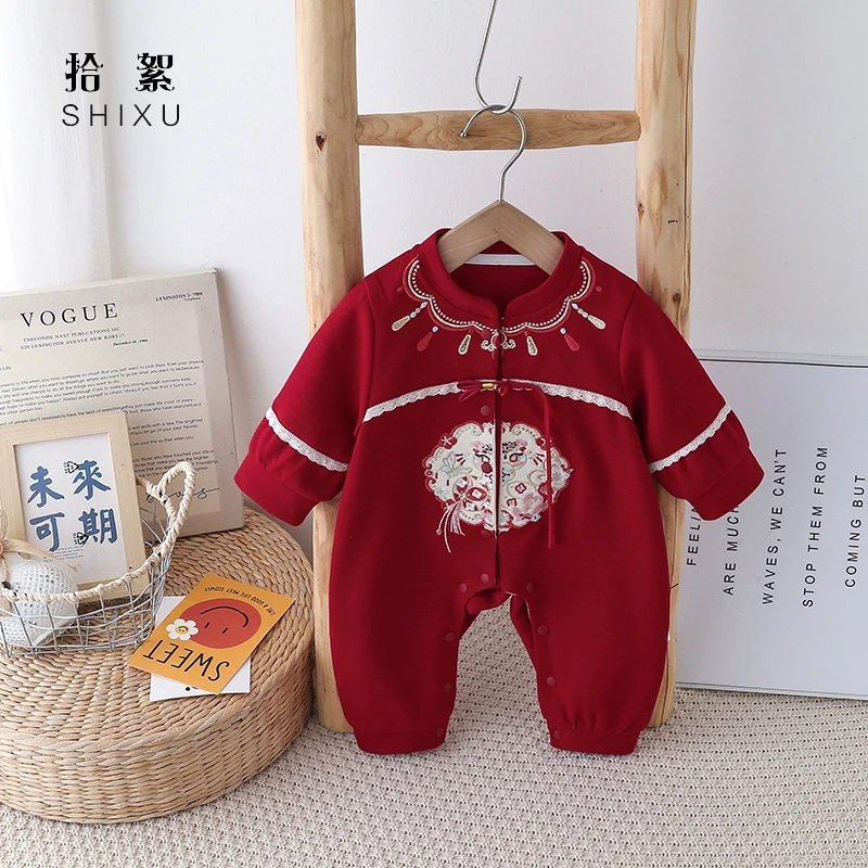 宝宝百天衣服婴儿连体衣春装汉服哈衣百日宴礼服拜年服周岁外出服