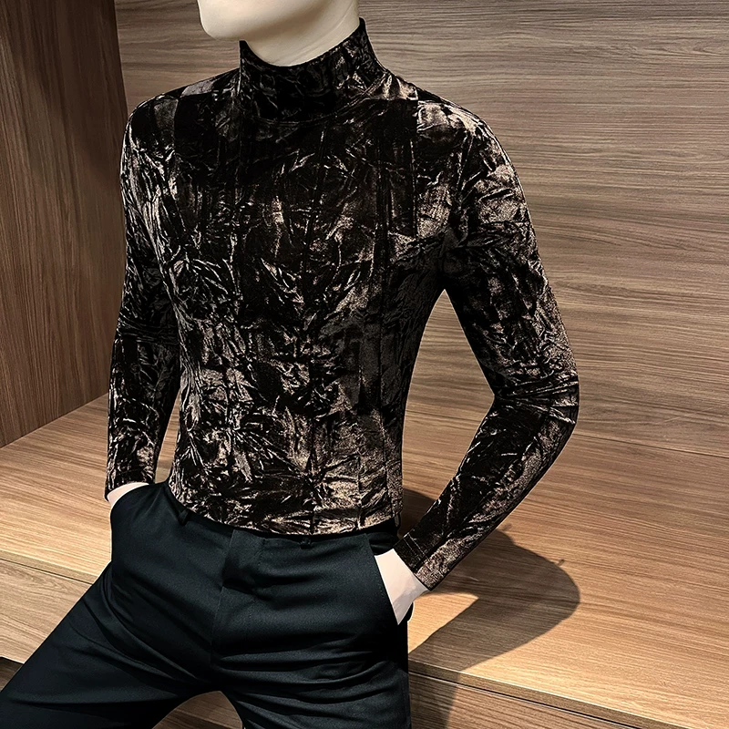 半高领打底衫男款春秋2025新款高级感内搭中领长袖t恤金丝绒上衣