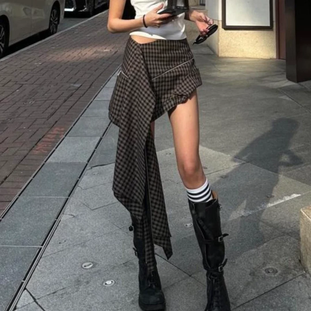 美式复古格纹解构设计感不规则半身裙夏季辣妹小个子高腰显瘦短裙