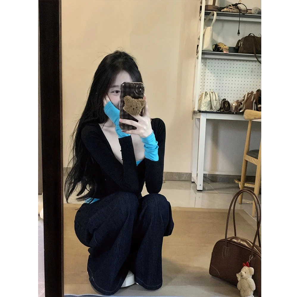 美式辣妹v领假两件撞色长袖t恤女春秋修身显瘦内搭打底衫正肩上衣