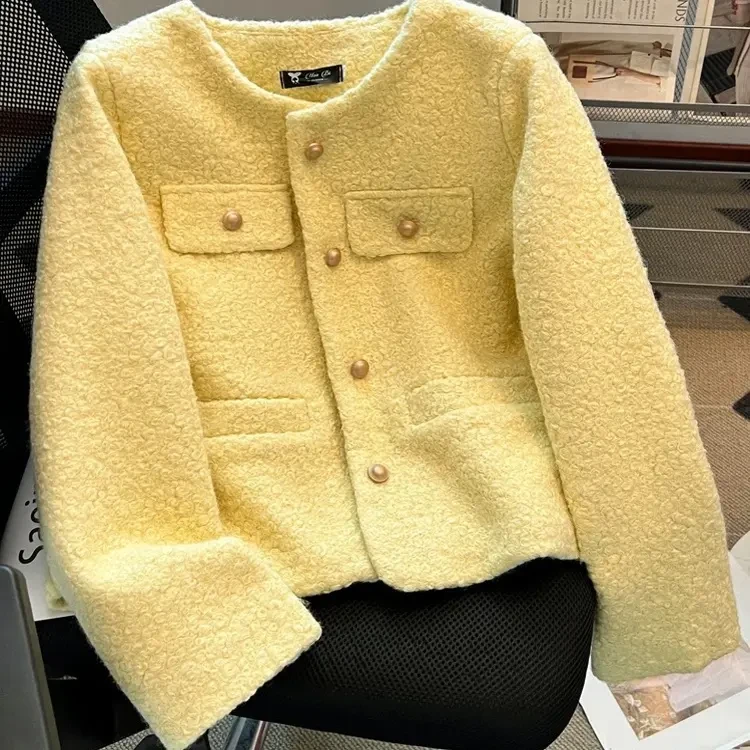 充绒小香风米白色冬季高级感法式圈圈卷毛外套