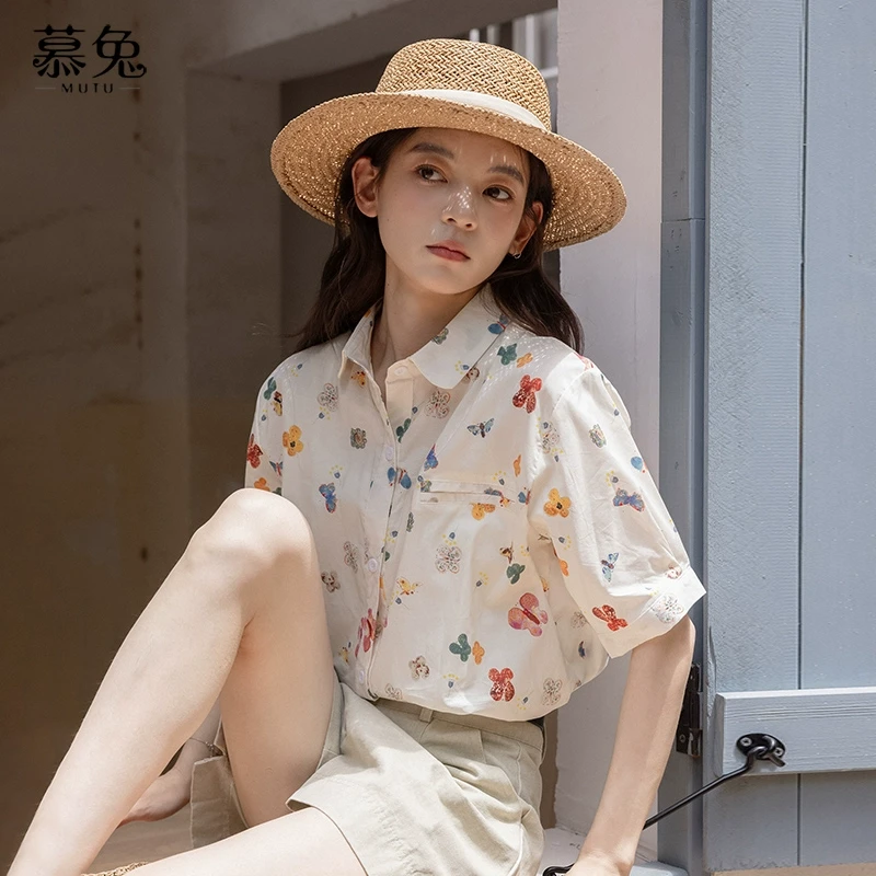 慕兔复古碎花短袖衬衫女2025夏季新款设计感小众宽松显瘦休闲上衣