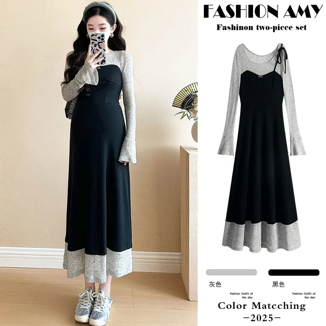 孕妇连衣裙春秋新款时尚韩版气质高级感假两件显瘦针织拼接裙子潮