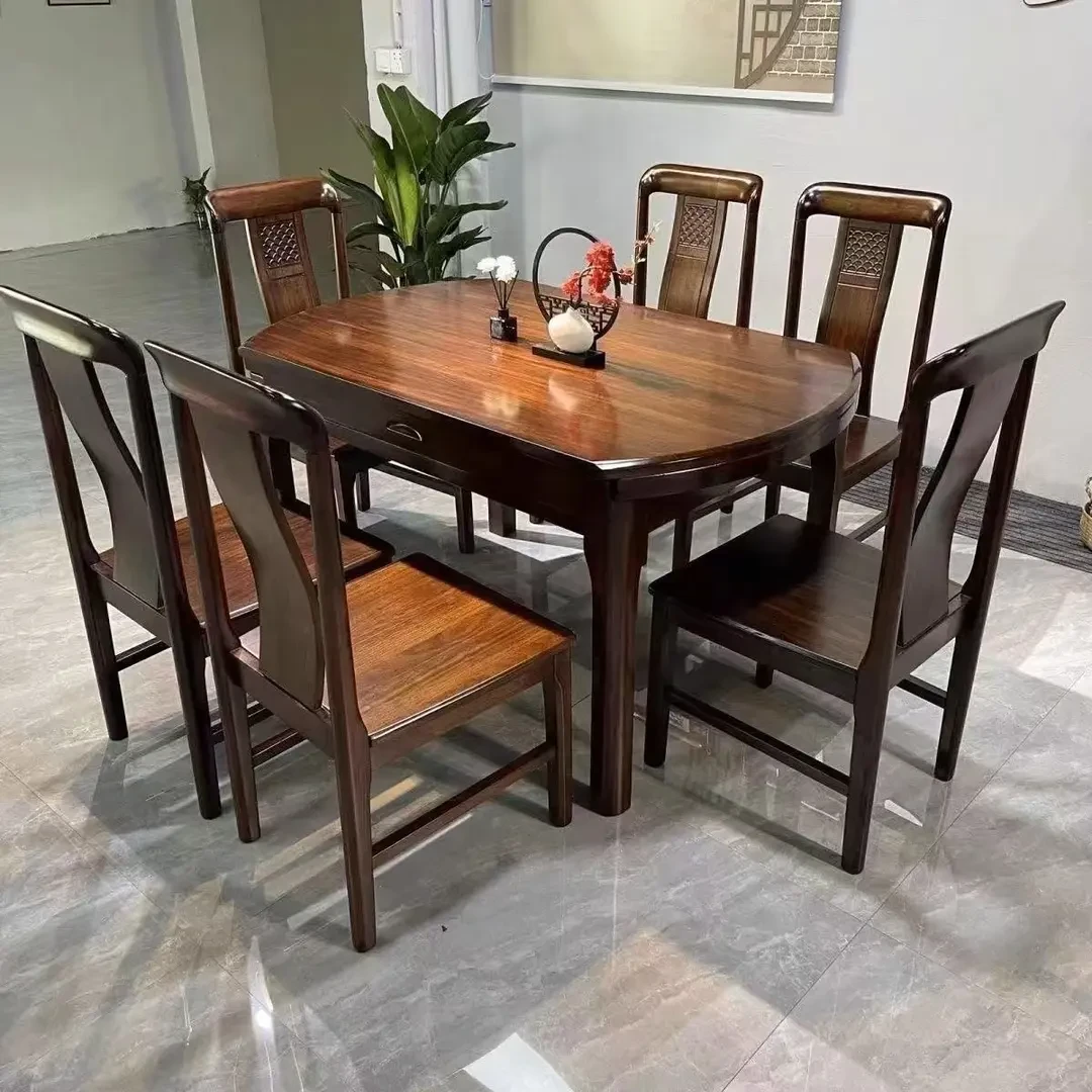 乌金木全实木餐桌实木方圆两用伸缩中式高档家用小圆桌