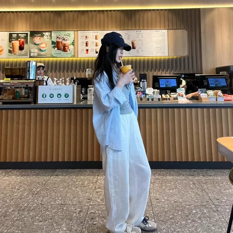 韩系蓝色POLO领长袖防晒衬衫女春季简约休闲宽松显瘦百搭上衣外套