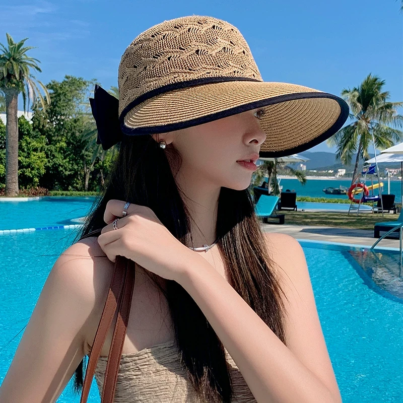 2024新款时尚草帽女夏镂空透气遮阳防晒帽蝴蝶结大檐可折叠太阳帽