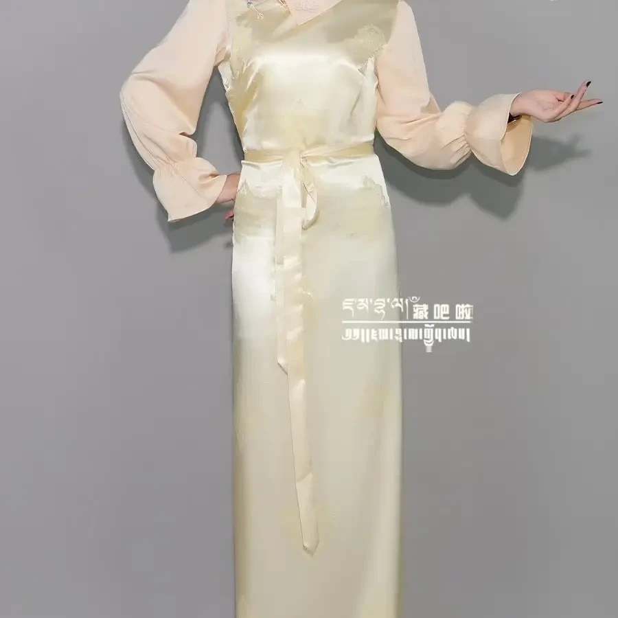 女士翻领细条宝莲花博拉西藏民族风时尚长裙