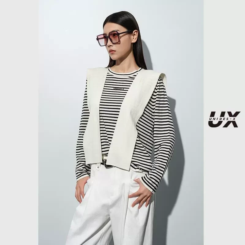 UX2025春季新款灰白条纹毛衫女 时尚通勤长袖上衣休闲百搭黑白yc