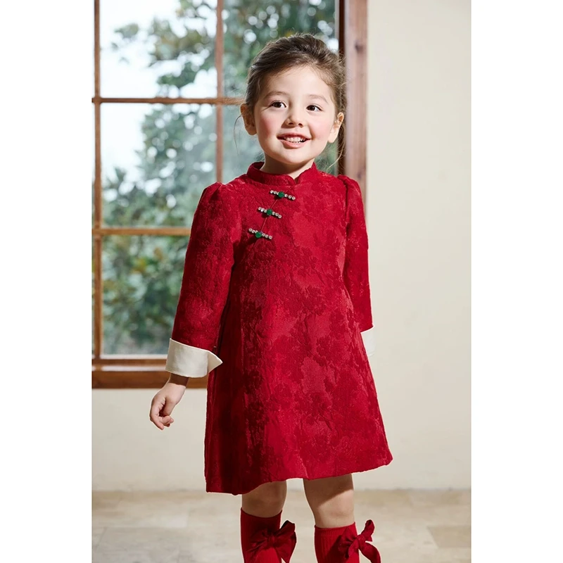 现货壹妈女童红色旗袍裙秋冬儿童新年战衣服宝宝新中式夹棉连衣裙