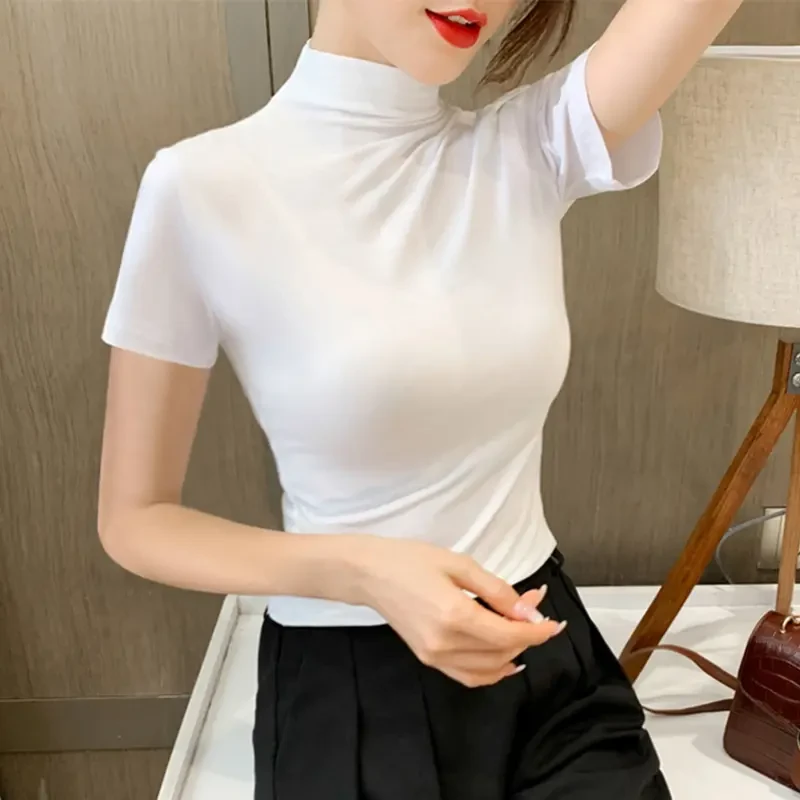新款夏季黑色修身高领短袖t恤女莫代尔紧身中领打底纯色上衣女款