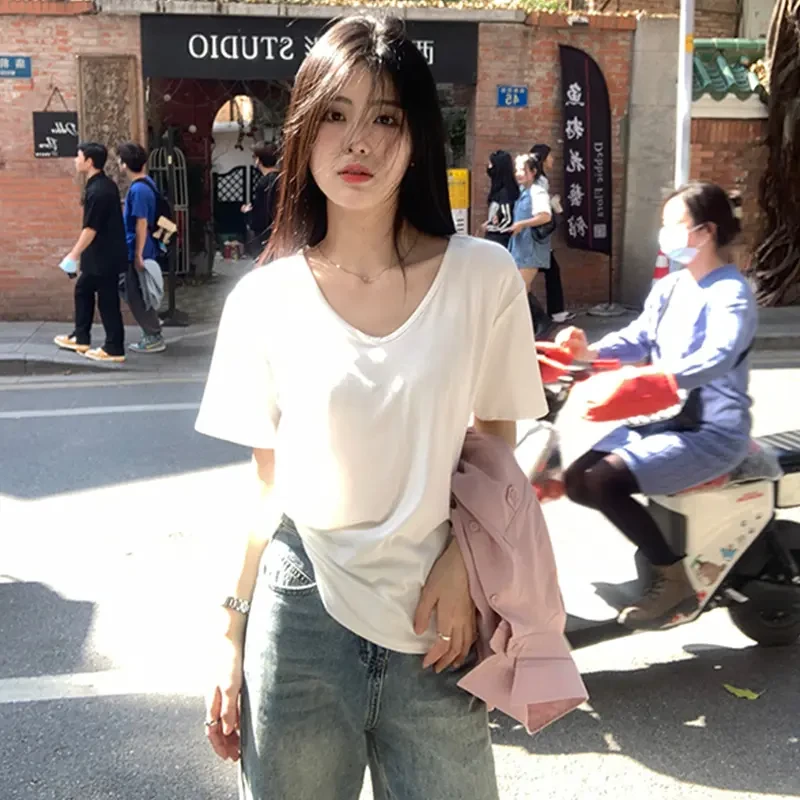 纯欲风夏季网红短袖白色大领口时尚V领t恤正肩夏宽松显瘦内搭女潮