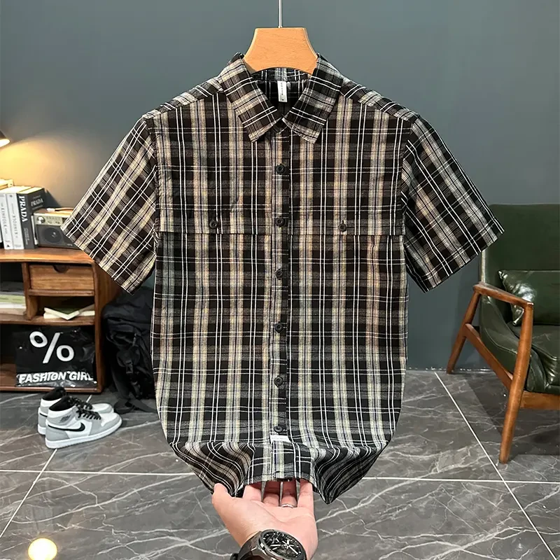 轻奢日系复古格子短袖衬衫男夏季潮流百搭帅气休闲舒适宽松衬衣潮