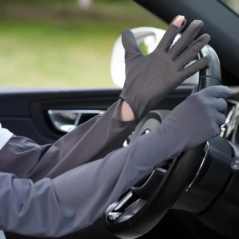 透气网纱UPF50+宽松加大防晒袖套二指触屏可脱手套女开车防紫外线