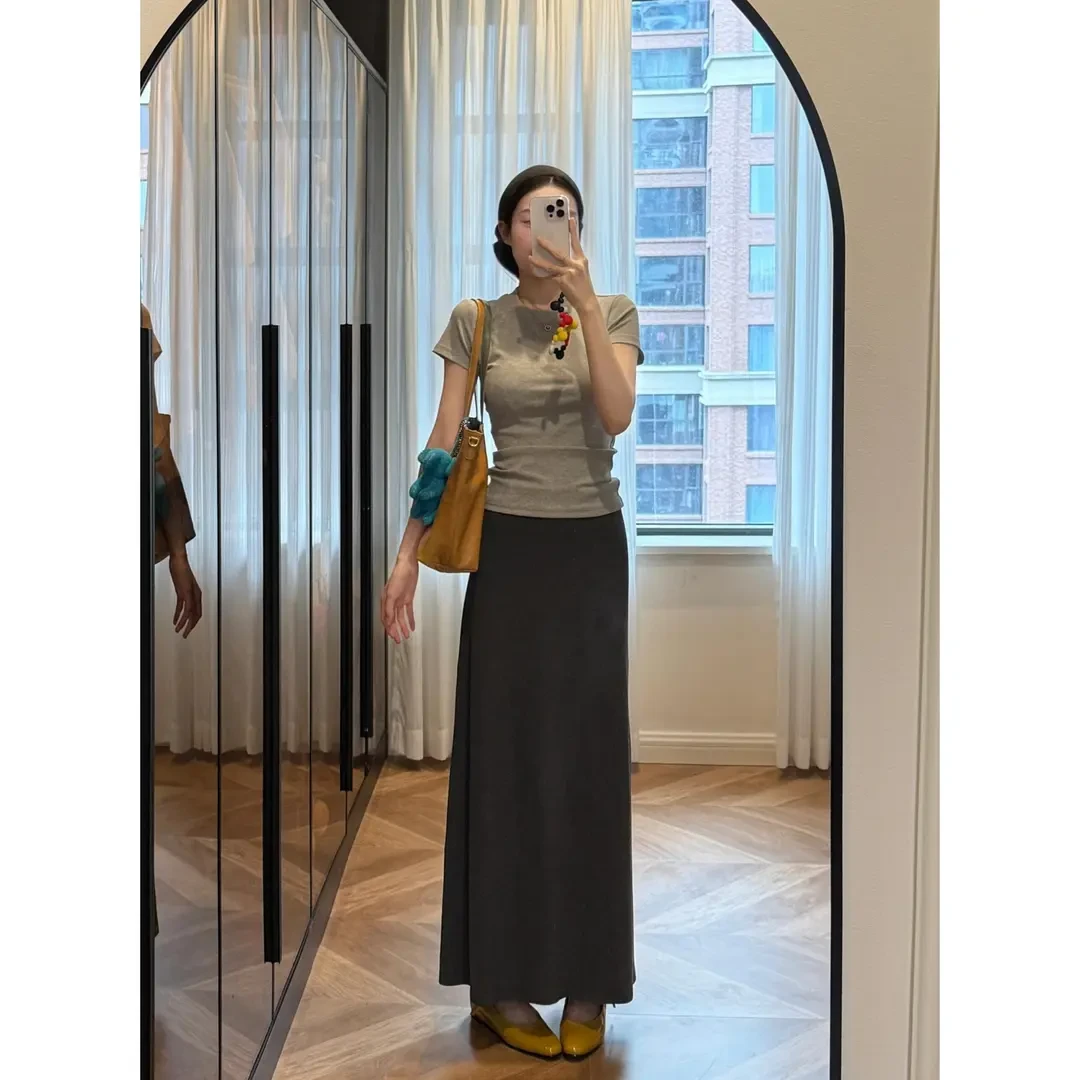 简约灰色正肩短袖两件套夏季新款高级感轻熟风长裙气质穿搭