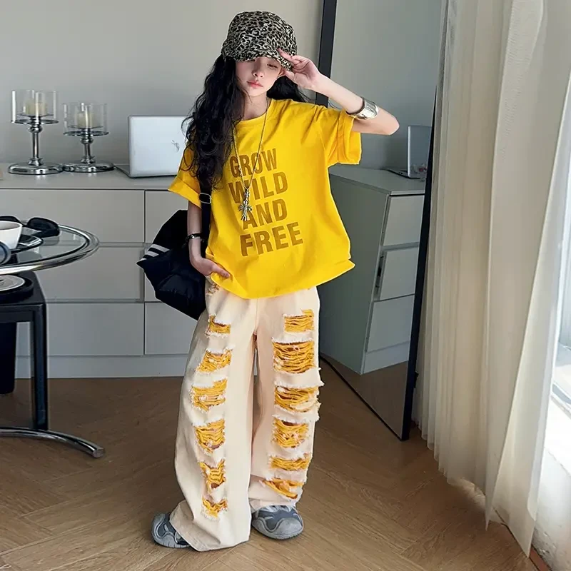女童套装夏季潮酷多巴胺字母短袖上衣时尚破洞牛仔阔腿长裤两件套
