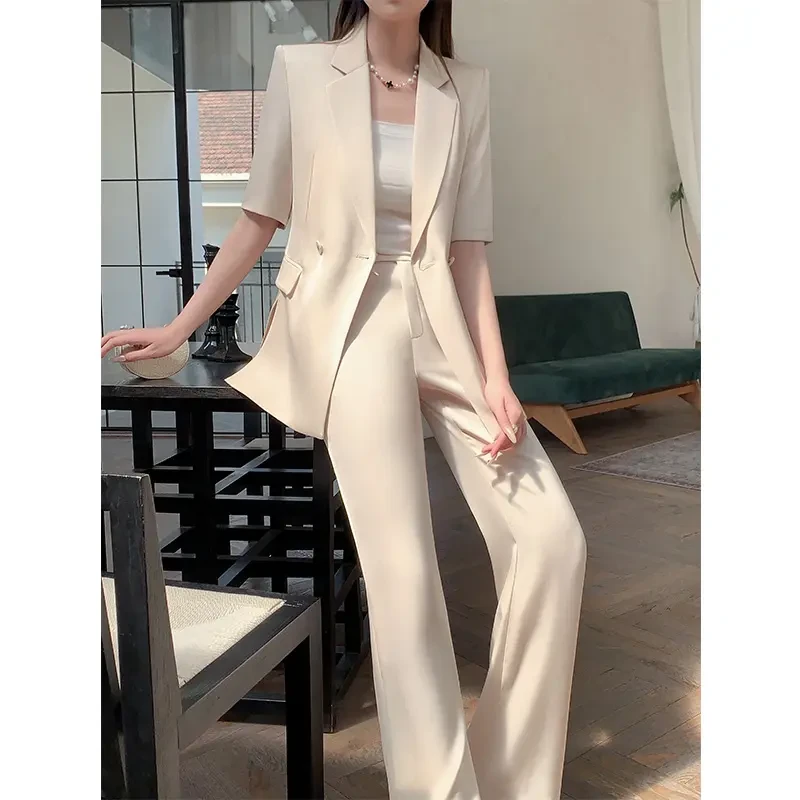 米白色夏季薄款西装套装女2025新款韩版修身缎面高级感西服两件套