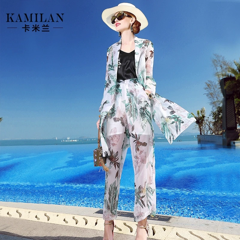 KAMILAN 卡米兰春季新款印花真丝阔腿裤女时尚百搭长裤
