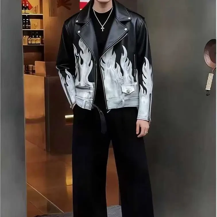 8806-8春秋潮流机车风洗水手绘男士百搭皮衣外套