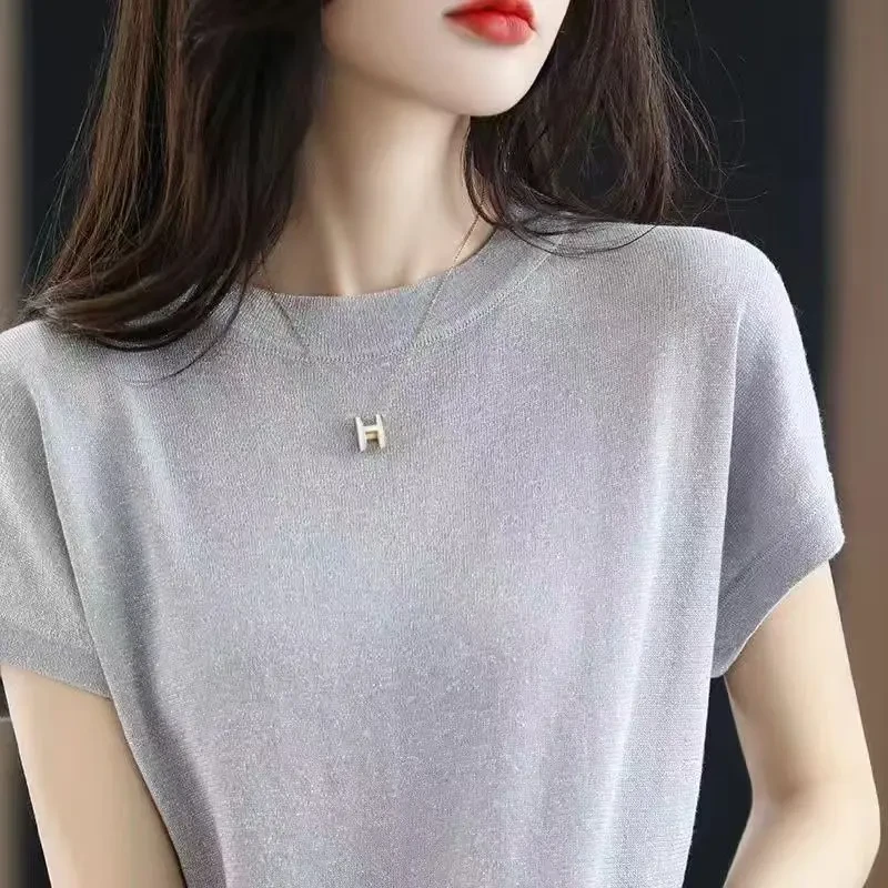 100%桑蚕丝 短袖女夏季薄款圆领洋气T恤打底衫宽松上衣