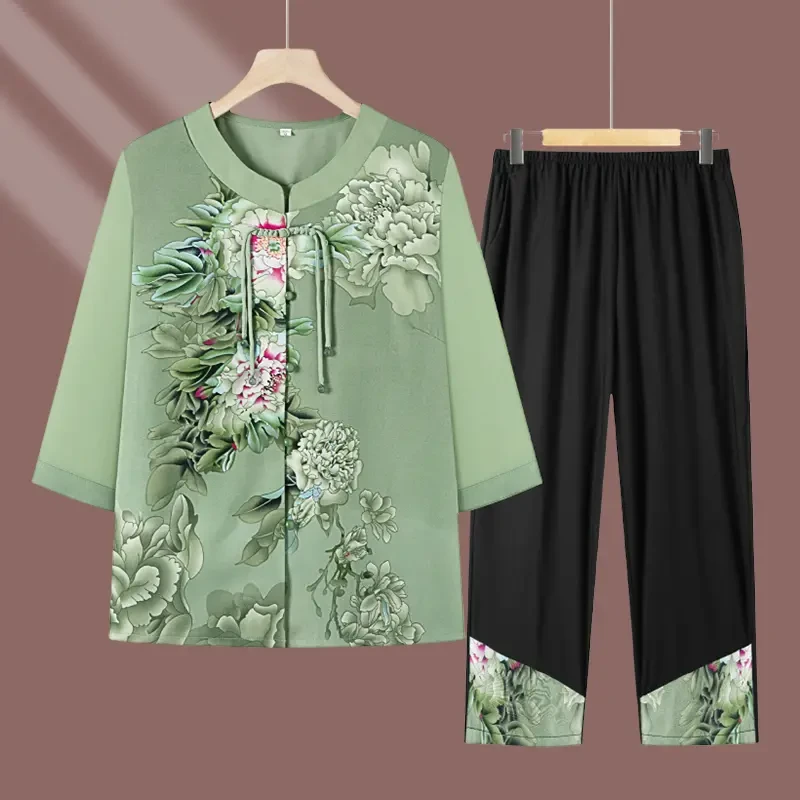 2025夏装中年上衣奶奶新中式套装中老年妈妈夏季短袖衬衫气质套装