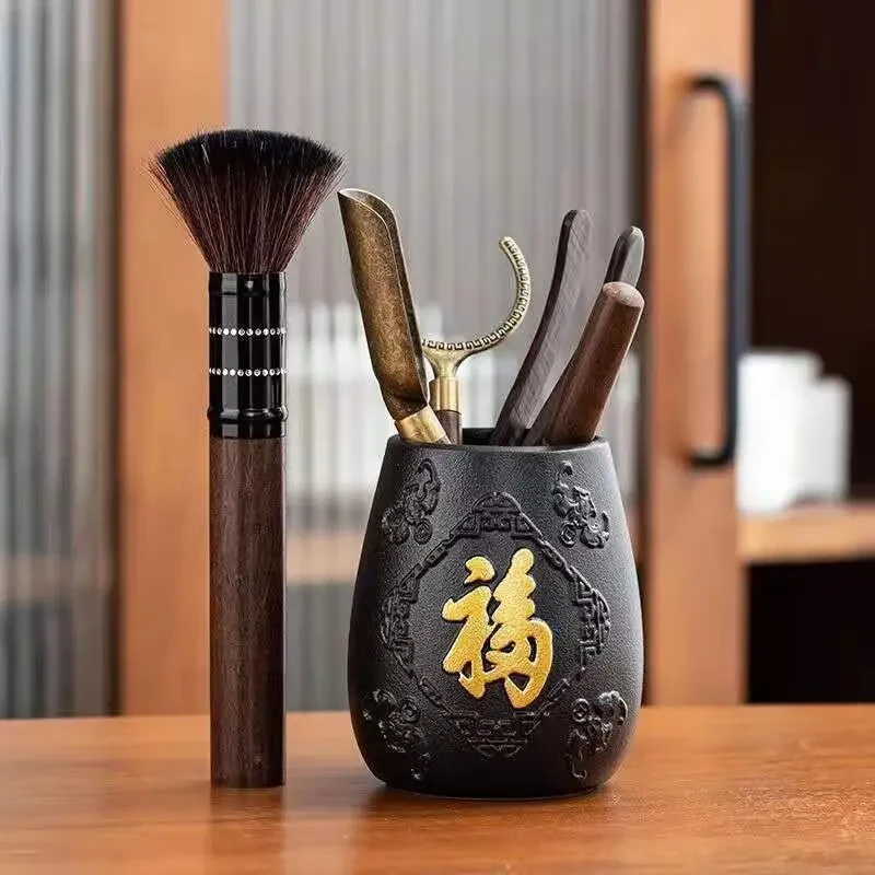 家用中式高档陶瓷手工黑檀木茶道六君子日式竹制茶夹茶针C10