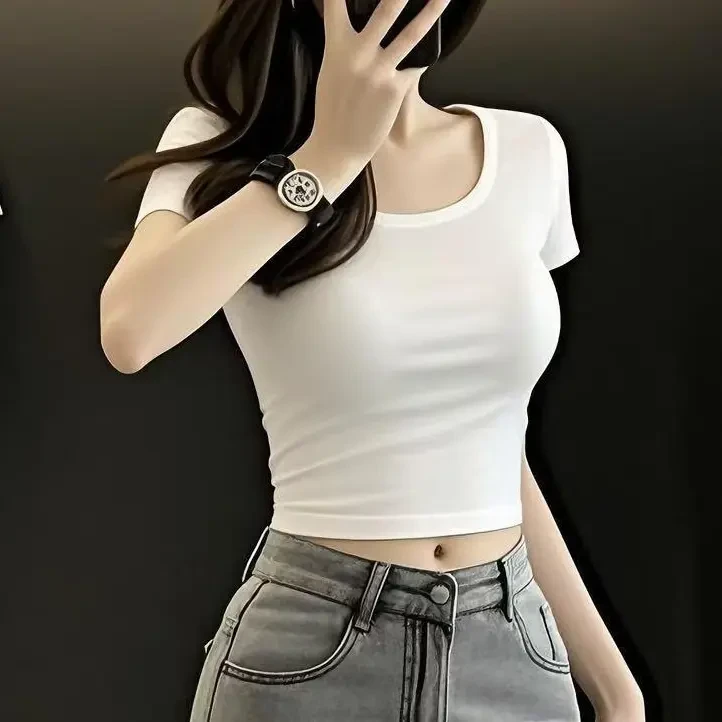 黑色短袖t恤女显瘦夏季新款U领正肩高腰设计半袖修身辣妹短款上衣