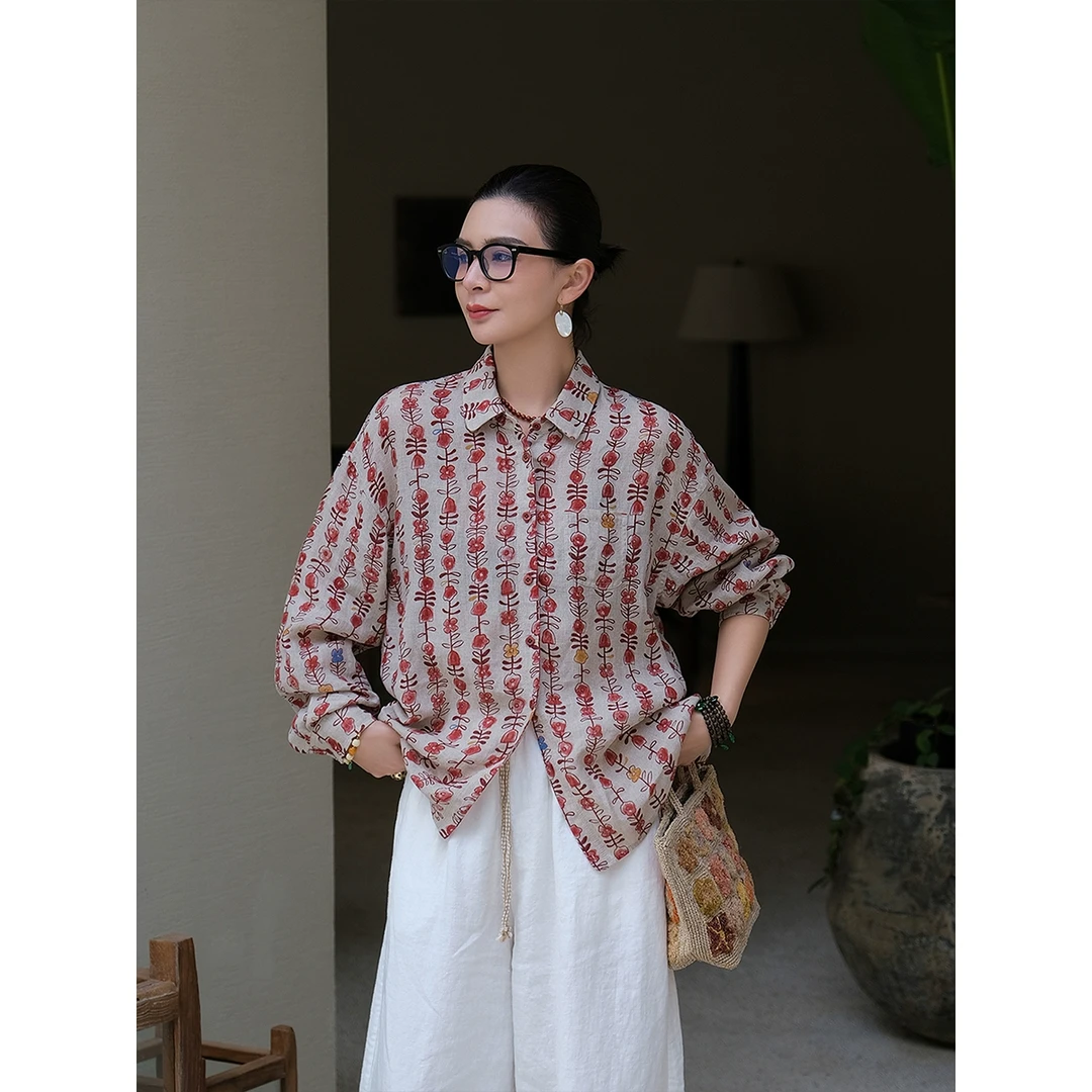 麻霖早春新品100%亚麻雨露麻印花文艺休闲轻盈衬衫开衫