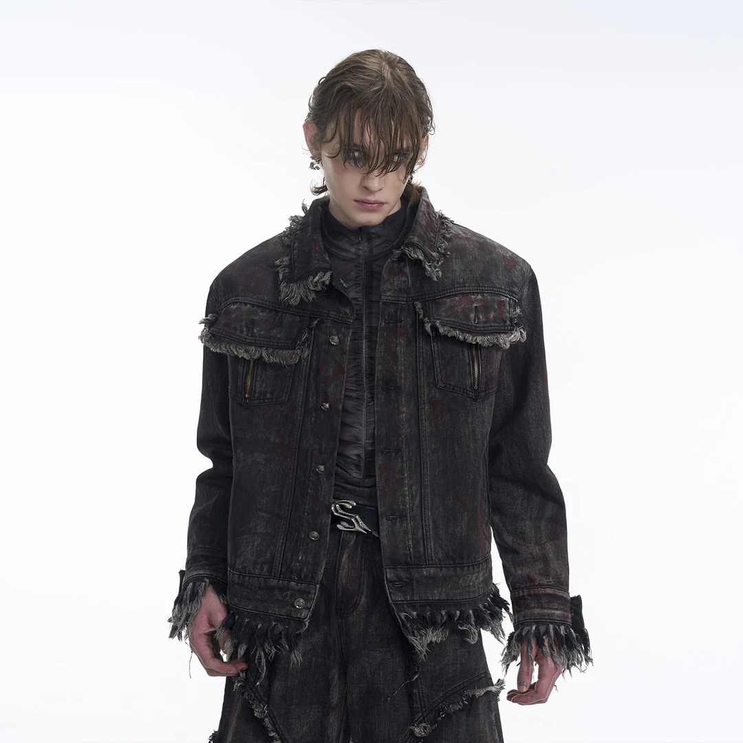 STARTEXCEEDEND重磅做旧毛边拼接设计牛仔外套男春款擦色短款夹克