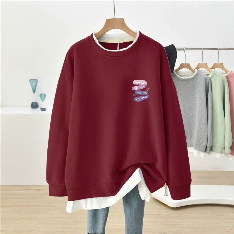 春秋季大码宽松薄款假两件红色卫衣女oversize显瘦百搭胖mm上衣服