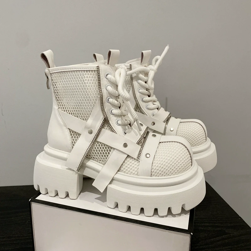 欧货马丁靴女2025新款镂空透气绑带松糕厚底增高小个子休闲凉靴