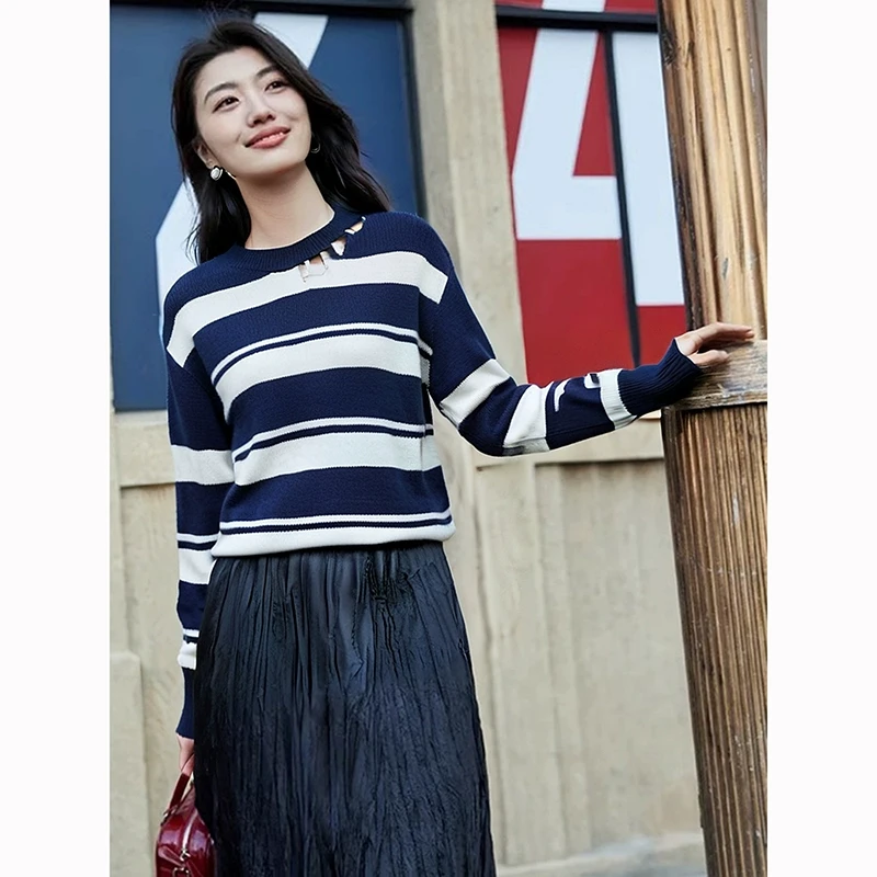43054【莉格系列】条纹镂空针织衫H32X022
