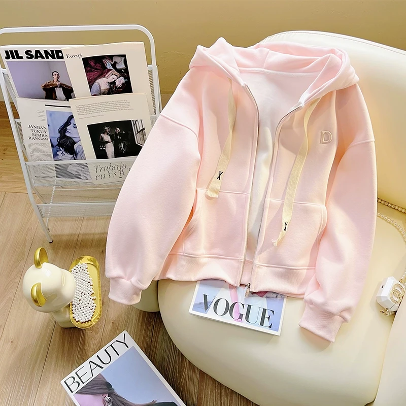 樱花粉短款卫衣外套女秋冬季2025新款初中学生拉链宽松加绒开衫潮