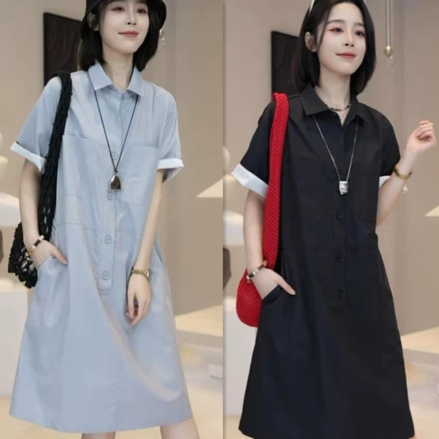 韩版时尚polo领短袖工装连衣裙夏季慵懒风宽松减龄遮肉显瘦A字裙