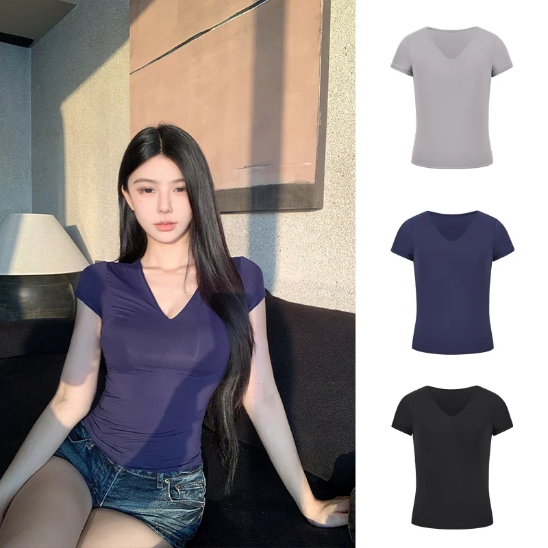 【心动一夏】设计感小众性感速干正肩V领短袖t恤休闲修身显瘦上衣