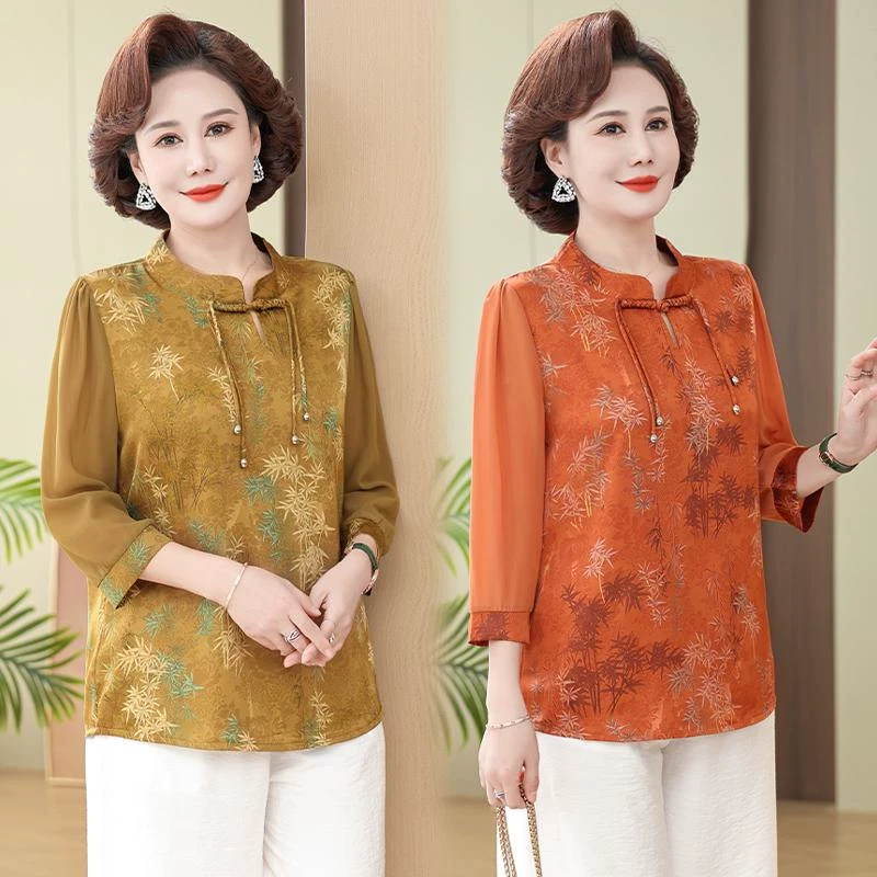 中老年妈妈春装国风上衣时尚新中式中年女夏装2025新款七分袖小衫