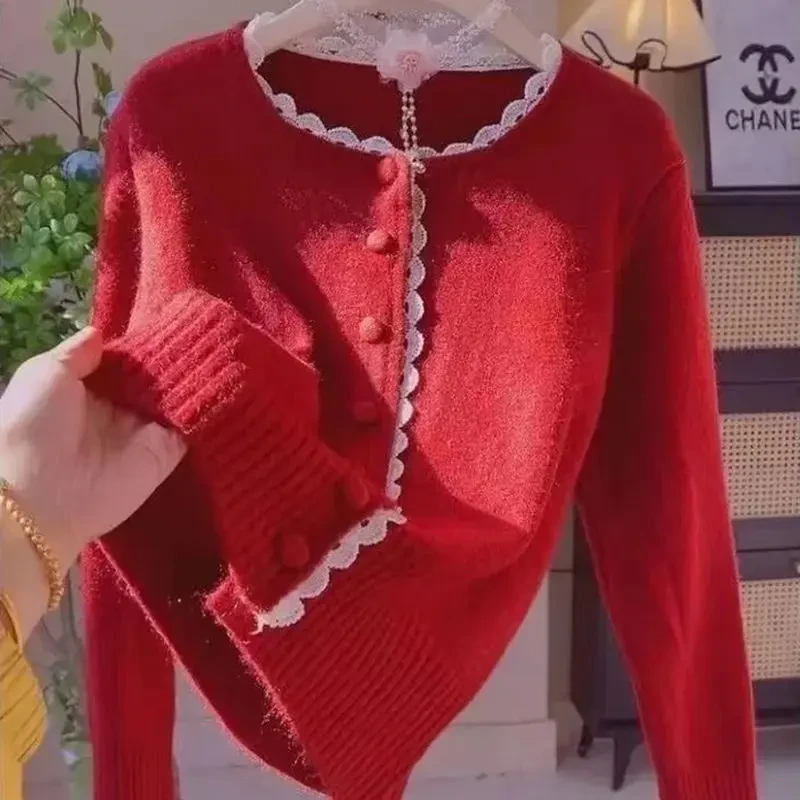 甜美温柔蕾丝花边奶蓝色毛衣外套女春秋新款小众洋气针织开衫上衣