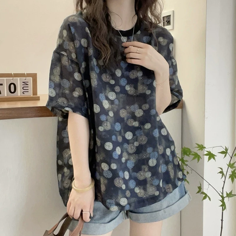 大码女装遮肚子设计感撞色波点雪纺衫夏季胖妹妹宽松显瘦薄款上衣