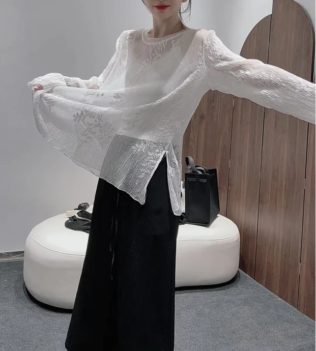 夏季新款设计师款圆领微透防晒T恤高级感微透提花上衣蕾丝百搭女