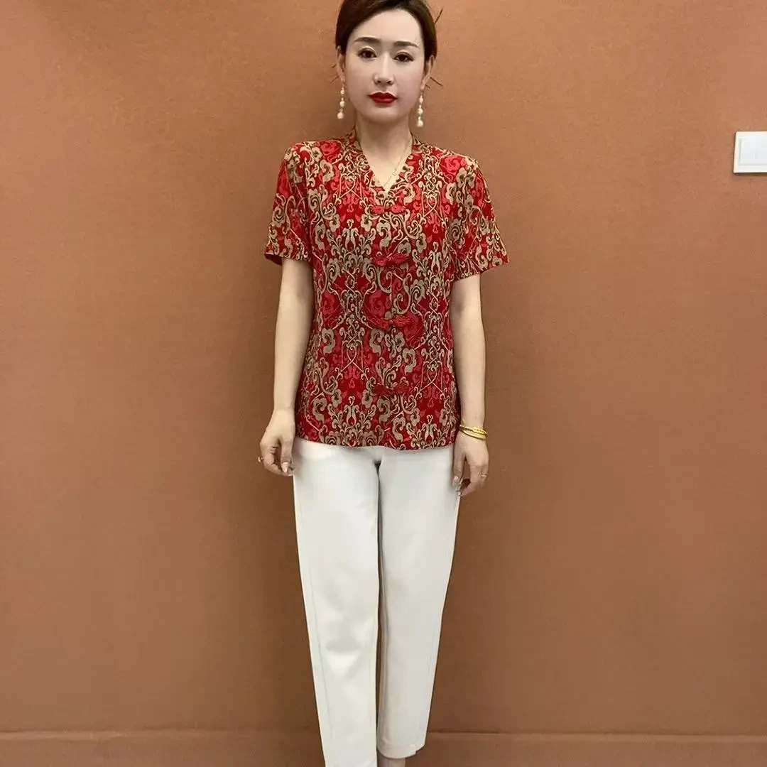 88-1盘扣短袖体恤女V领小衫妈妈装休闲夏季网红宽松T恤女气质上衣