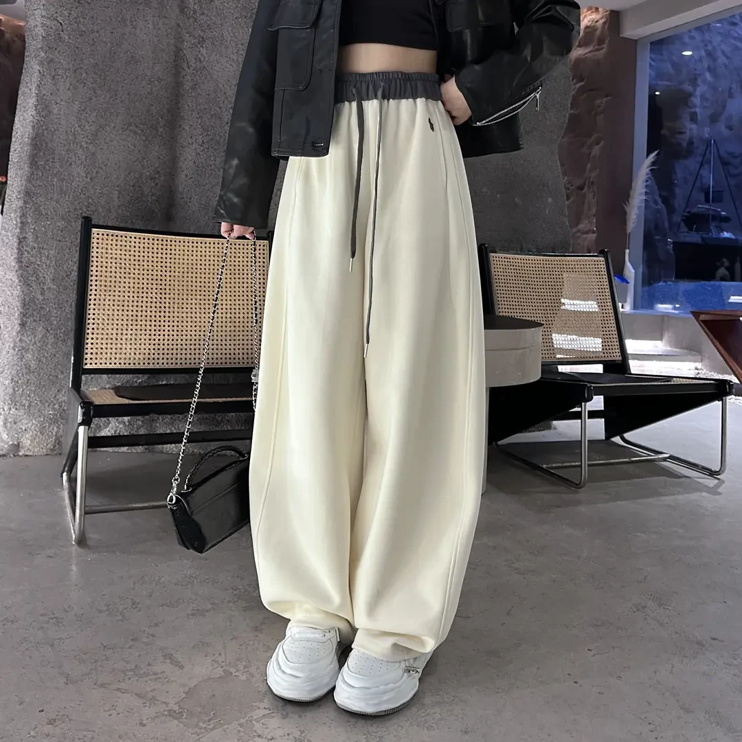 高腰显瘦休闲长裤秋冬季加绒加厚保暖裤复古弯刀裤女直筒阔腿裤子