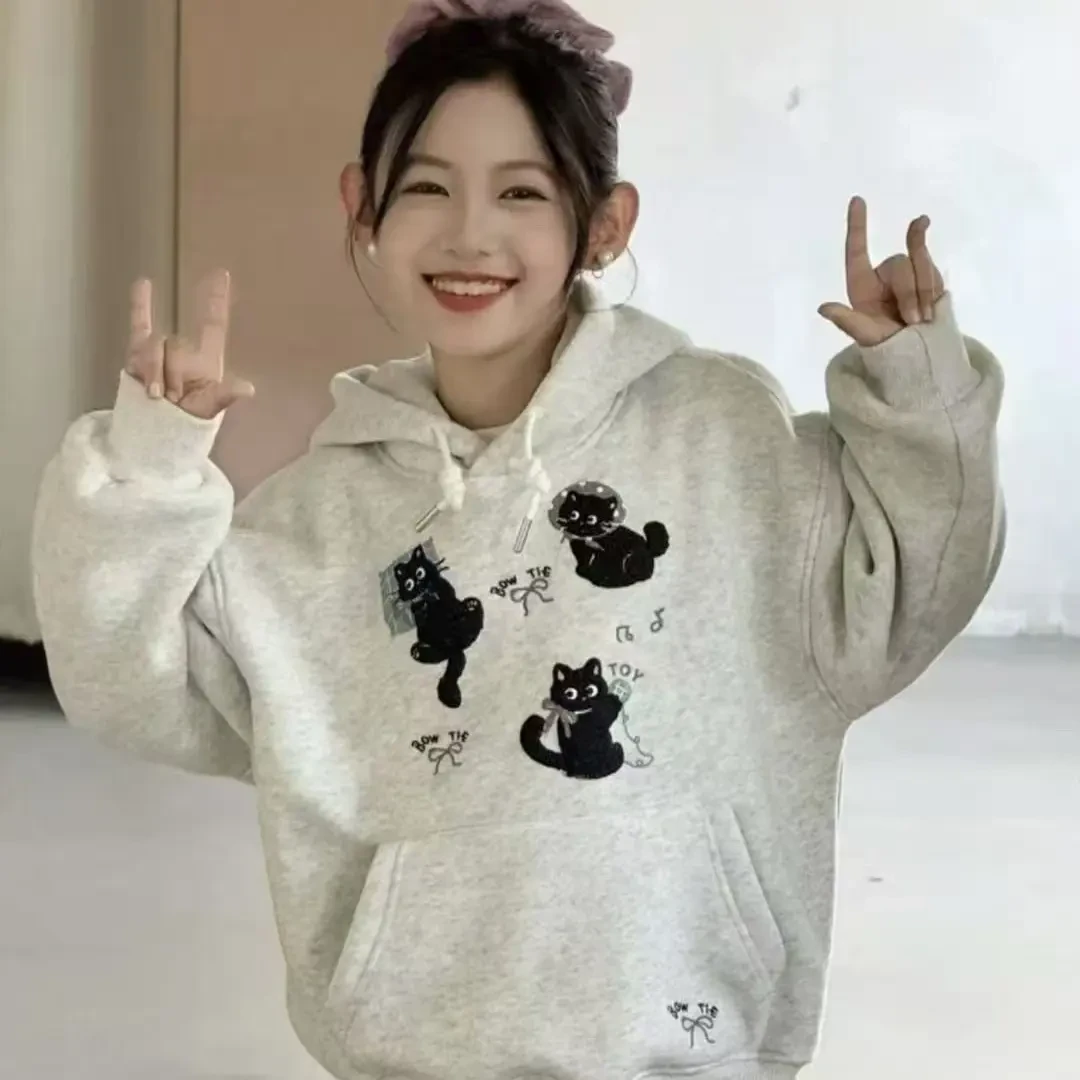 糖依果家 2025儿童女三个小猫咪刺绣加绒加厚连帽卫衣